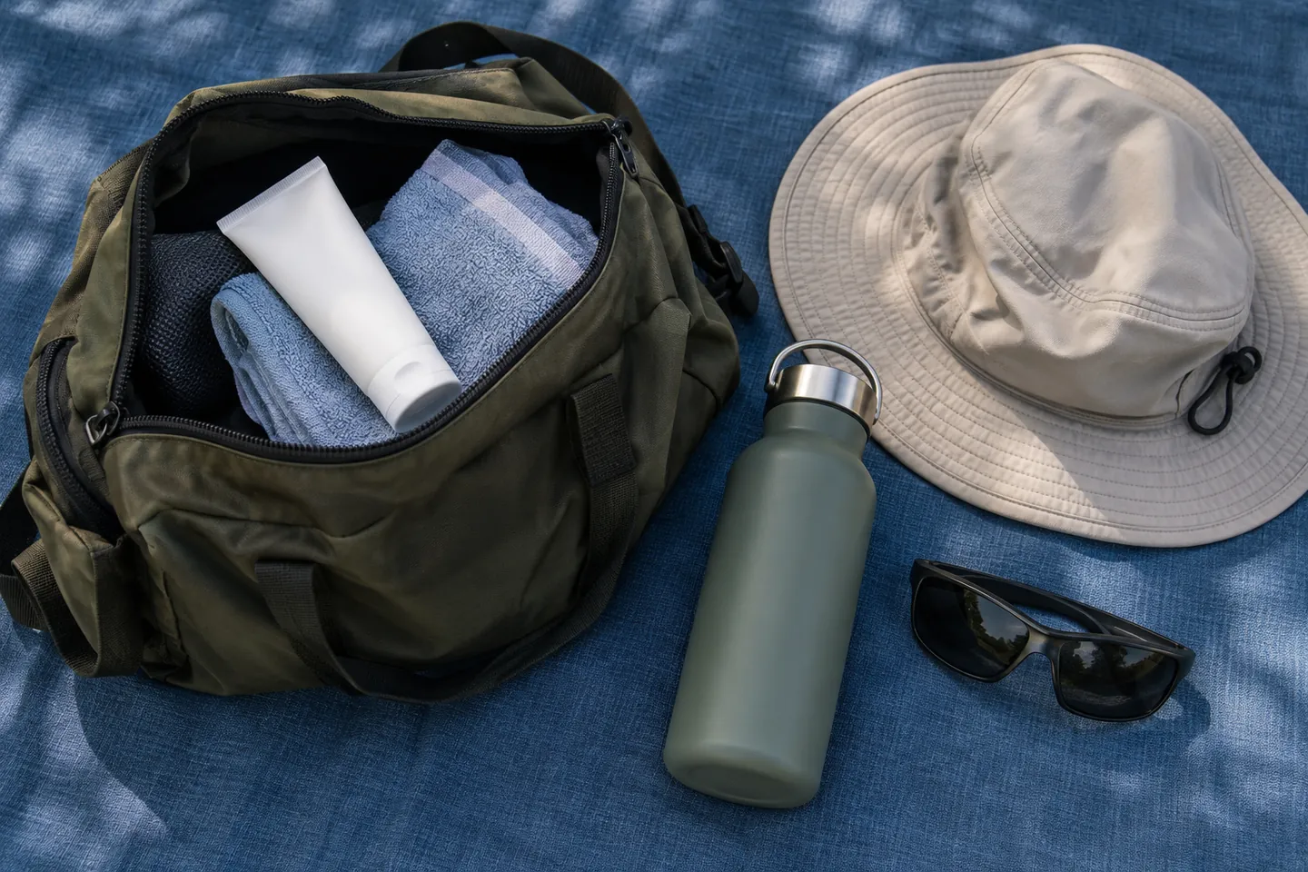 Overhead outdoor day bag with accessible unmarked sunscreen, folded towel, sunglasses, water bottle and fabric hat