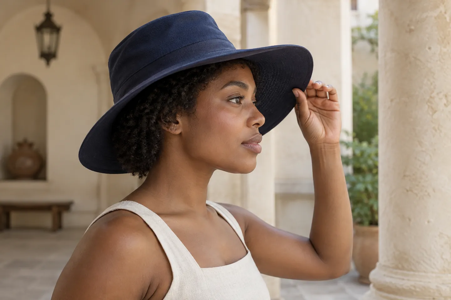 Adult with short natural coils lightly checking the brim of a closed-crown fabric hat in a covered courtyard