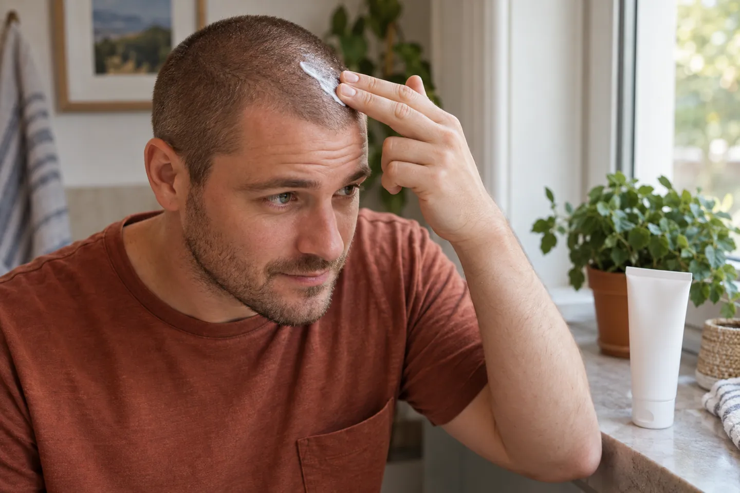 Adult with a very short buzz cut smoothing sunscreen onto visible scalp skin beside an unmarked tube at home