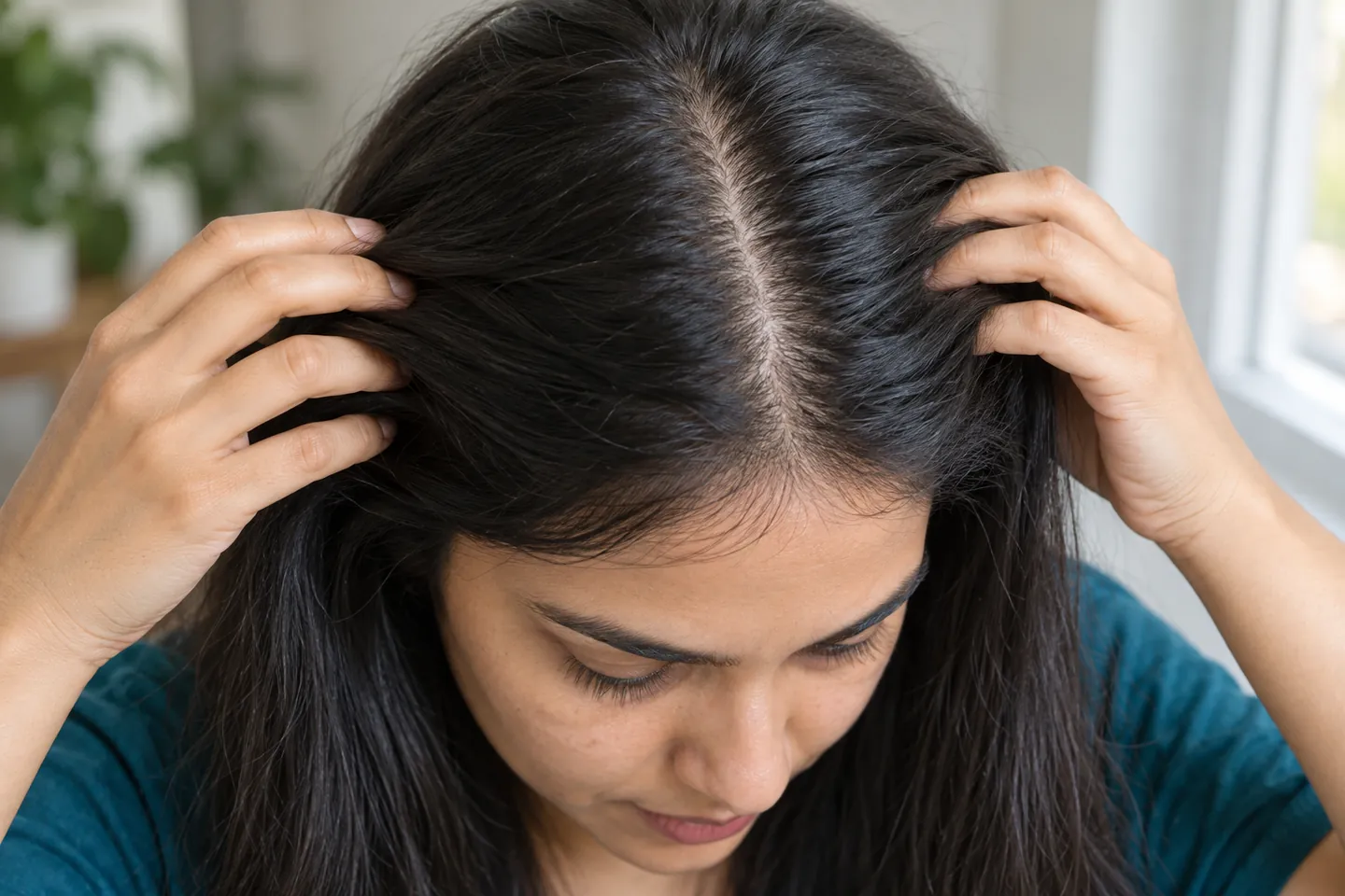 Close view of an adult gently separating dark hair to see the ordinary part and front hairline