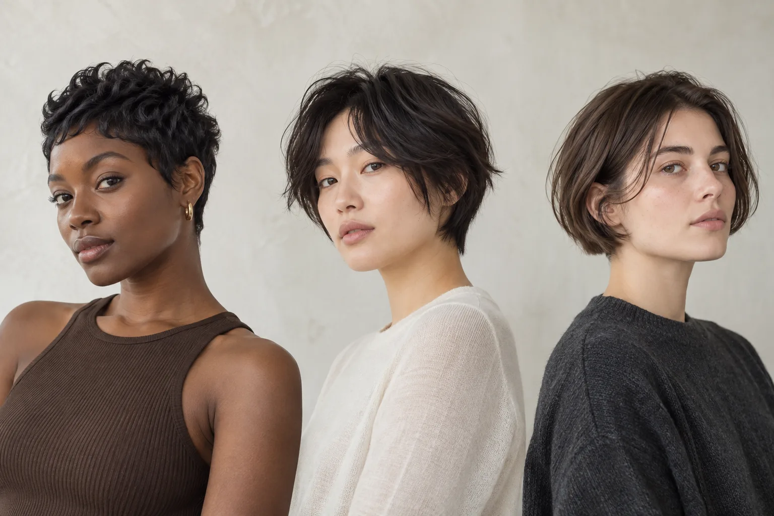 Three young adults showing distinct textured pixie, soft bixie, and jaw-length bob silhouettes under the same neutral light
