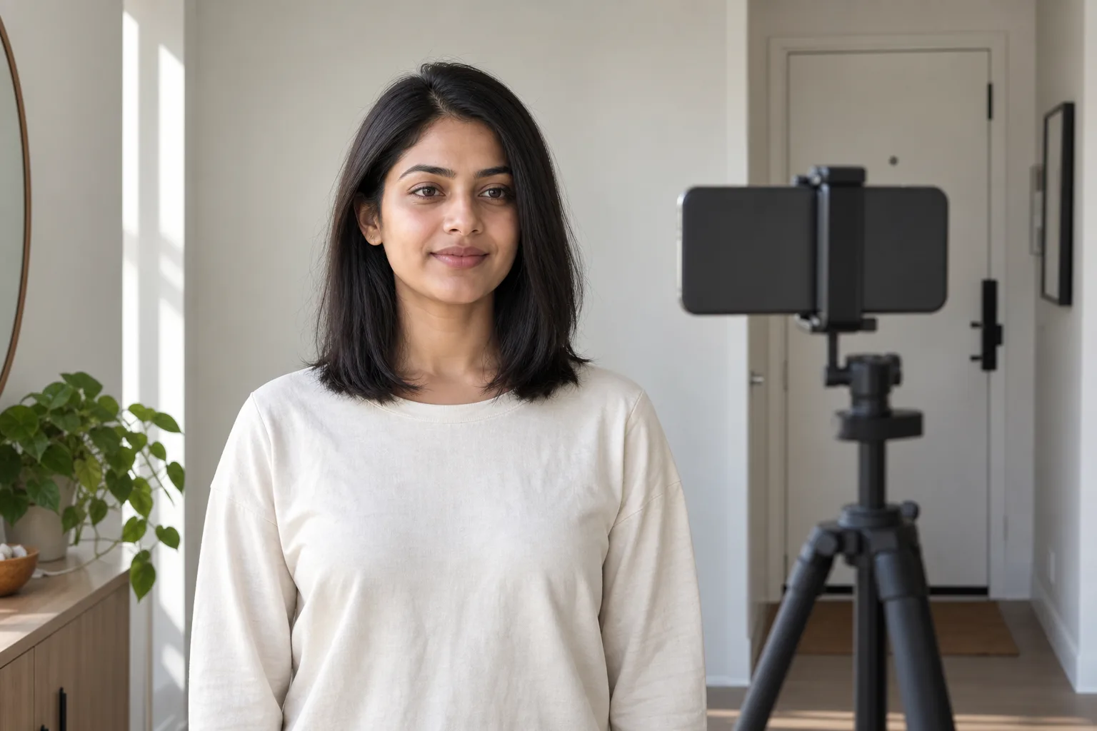 Young woman standing front-facing in neutral daylight while a phone on a small tripod captures a consistent hairstyle preview photo