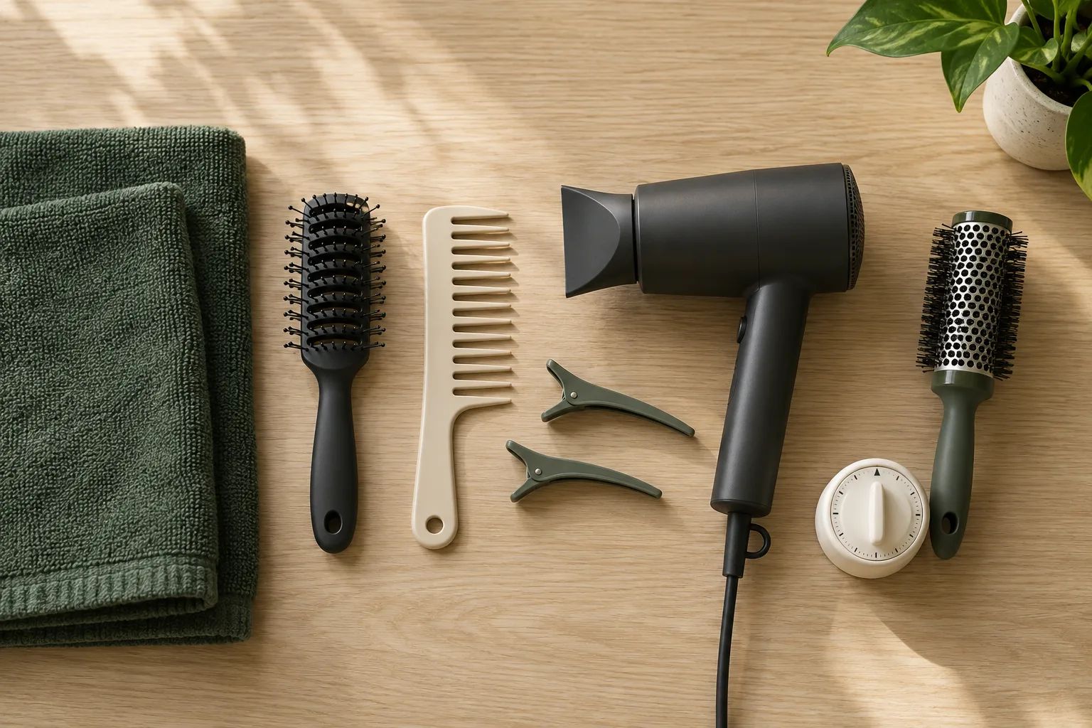 Top-down arrangement of a towel, combs, clips, compact hair dryer, round brush, and timer for planning a short-hair routine