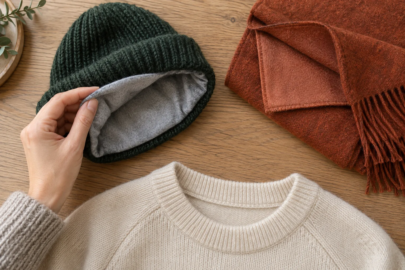 An adult hand lifts a winter hat’s smooth lining beside a folded scarf and sweater neck opening on an oak table