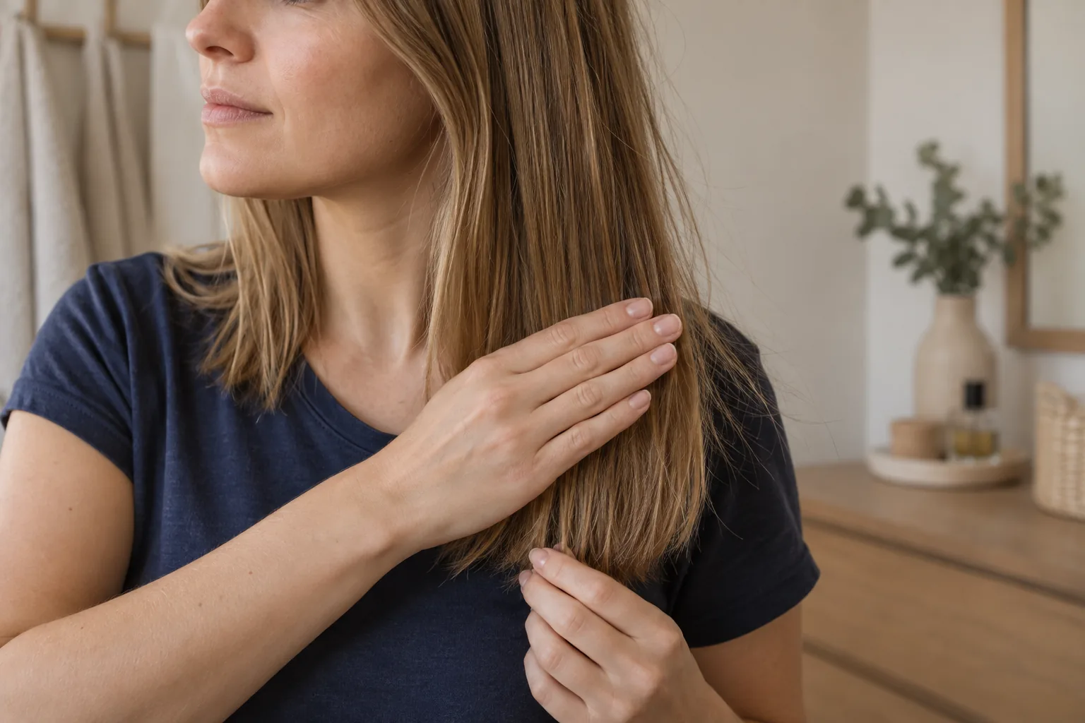 A clean open palm rests lightly on the midlengths of an adult’s dark-blonde hair during a single gentle smoothing gesture