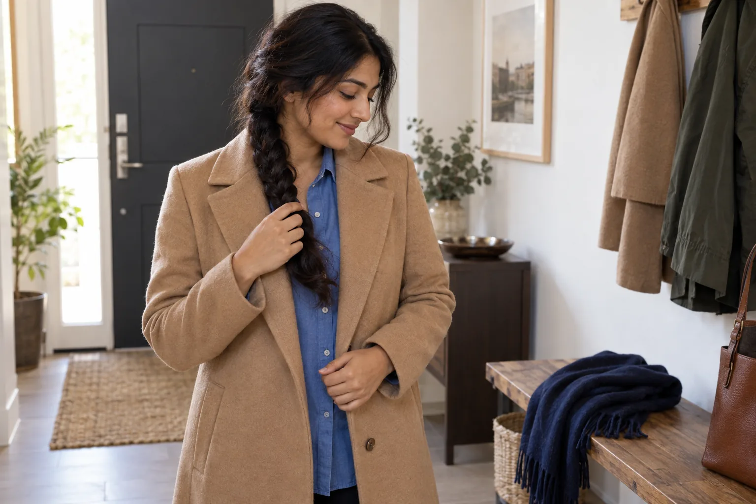 Young adult in a camel coat gently brings a relaxed low braid over one shoulder clear of the collar at an apartment doorway