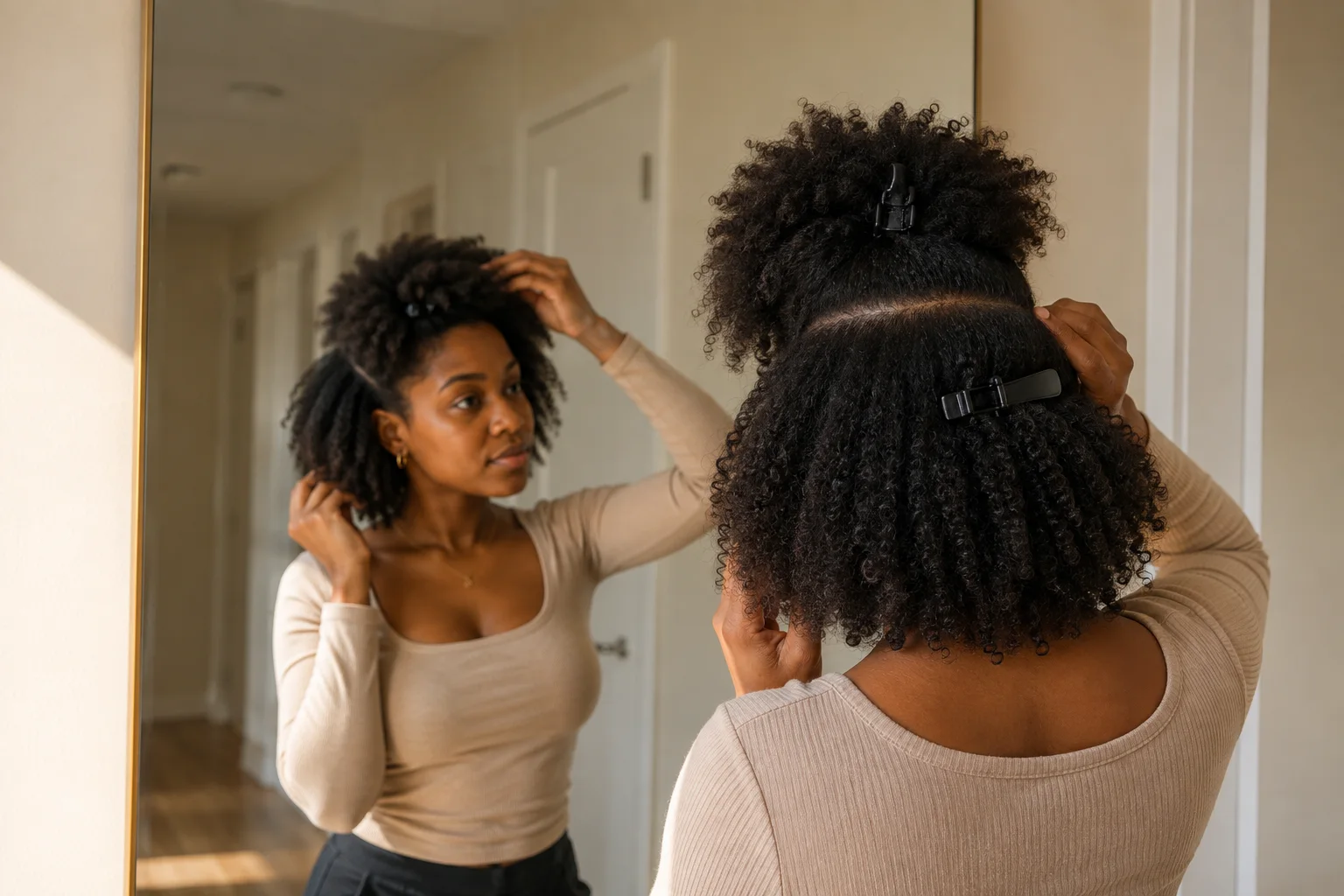 Young Black woman using two plain clips and a mirror to separate the crown and lower zones of dense coily hair