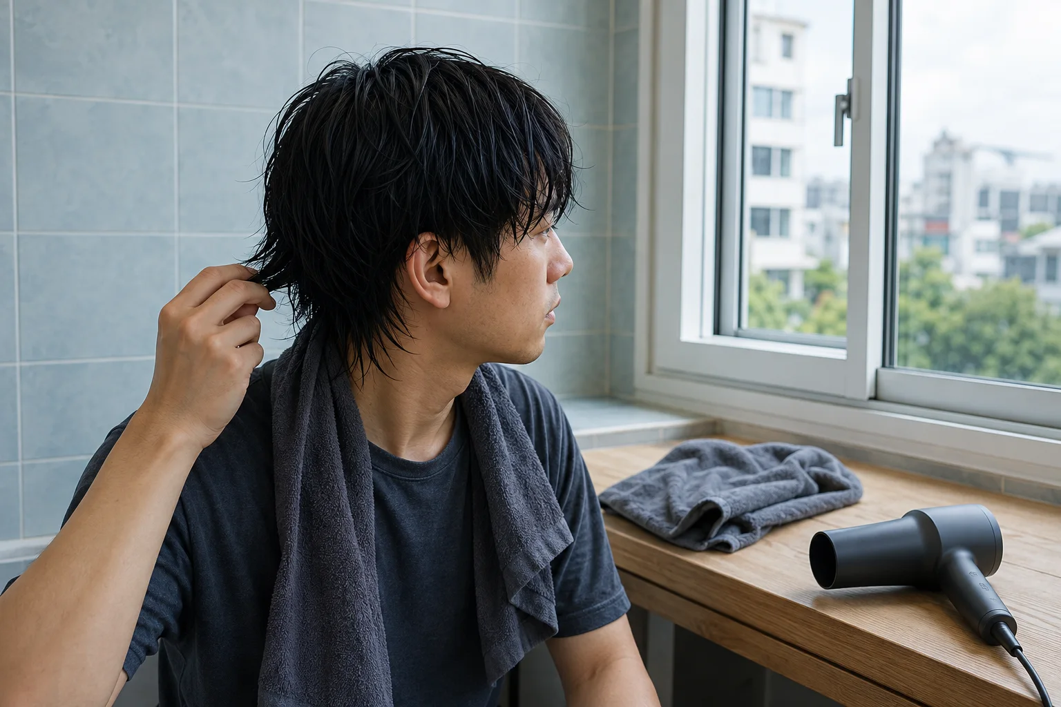 Young East Asian man checking the damp lower section of dense medium-length hair beside a towel and hair dryer
