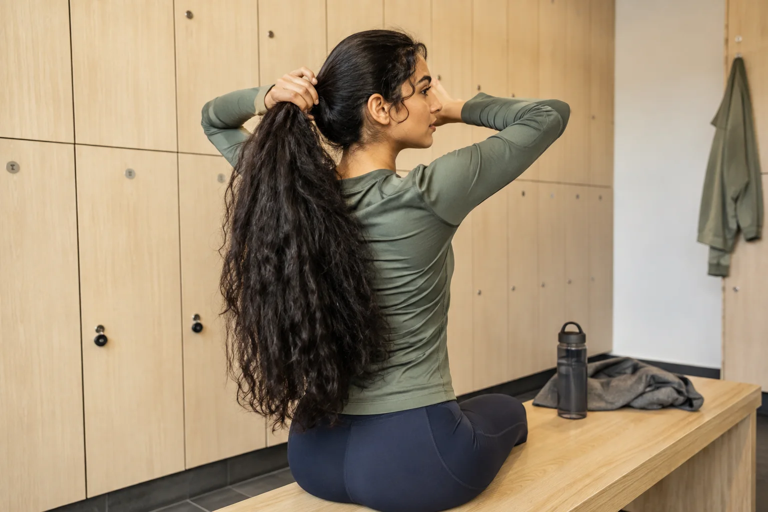 Young Middle Eastern woman gathering very dense waist-length wavy hair into a low tie in a sports-center locker area