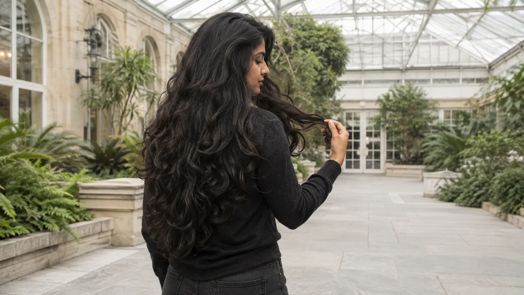 Young South Asian woman with very dense long wavy hair checking its lower weight inside a bright botanical conservatory