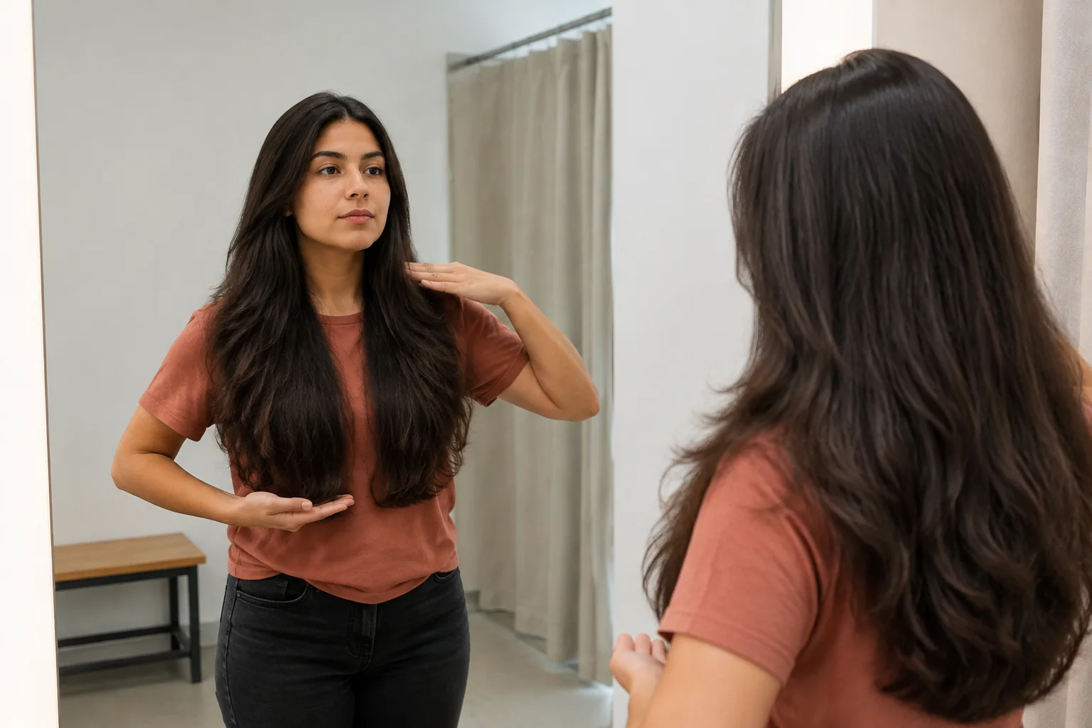 Young Latina woman in a fitting-room mirror indicating the shoulder and lower perimeter zones of dense long hair