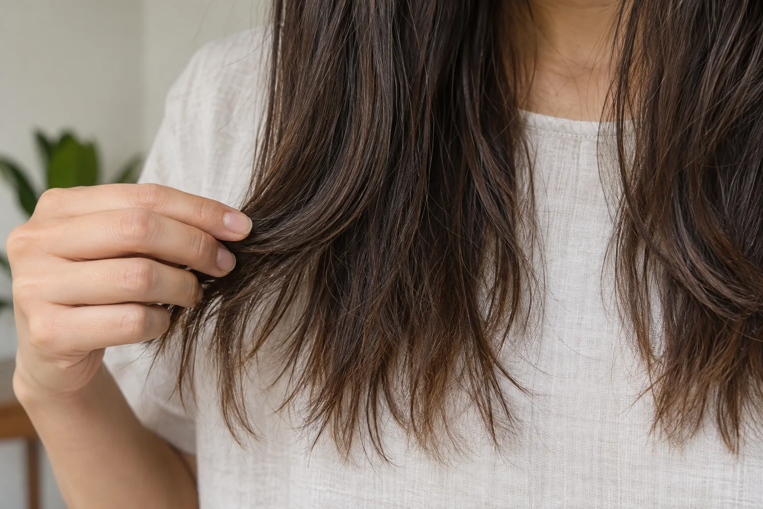 Nahaufnahme: Eine Erwachsene fächert lange braune Haarspitzen vor einem hellen Leinenoberteil auf