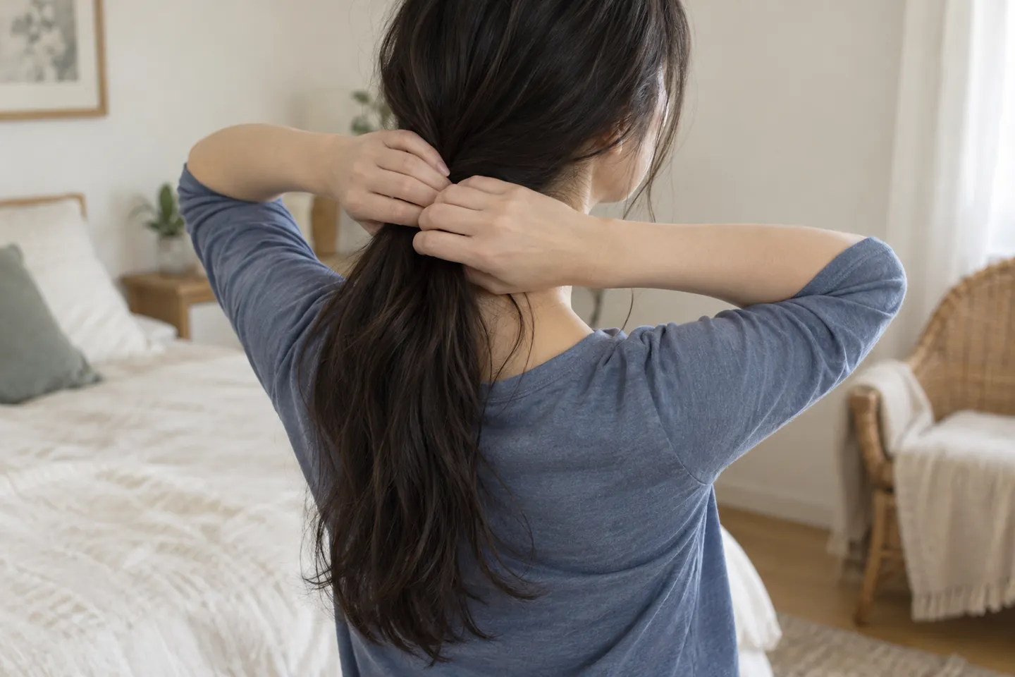 Jeune femme rassemblant doucement ses longs cheveux foncés derrière la nuque tandis que des mèches latérales restent libres