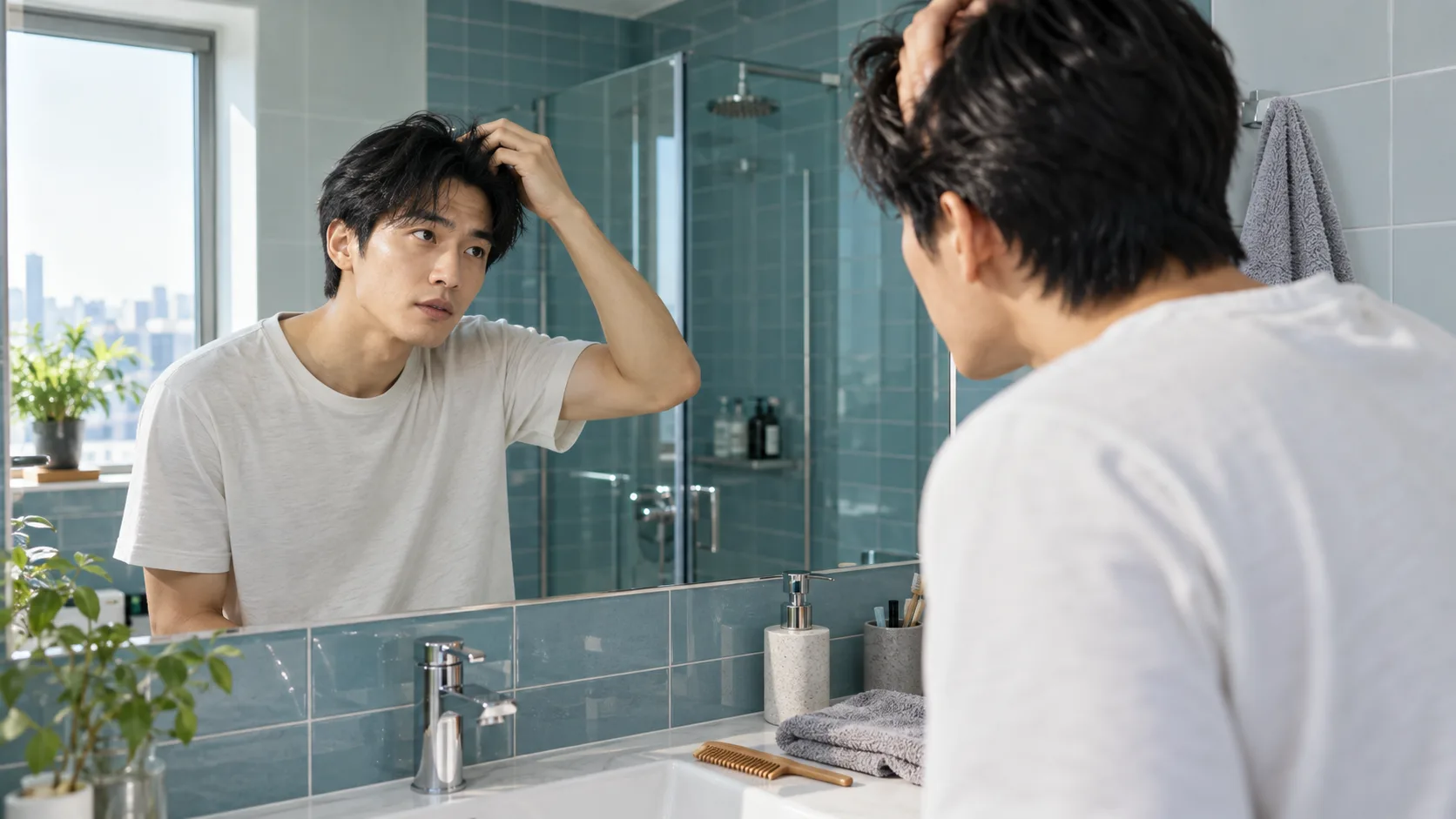 Young adult checks his dry hair in a blue-tiled bathroom mirror before a haircut appointment