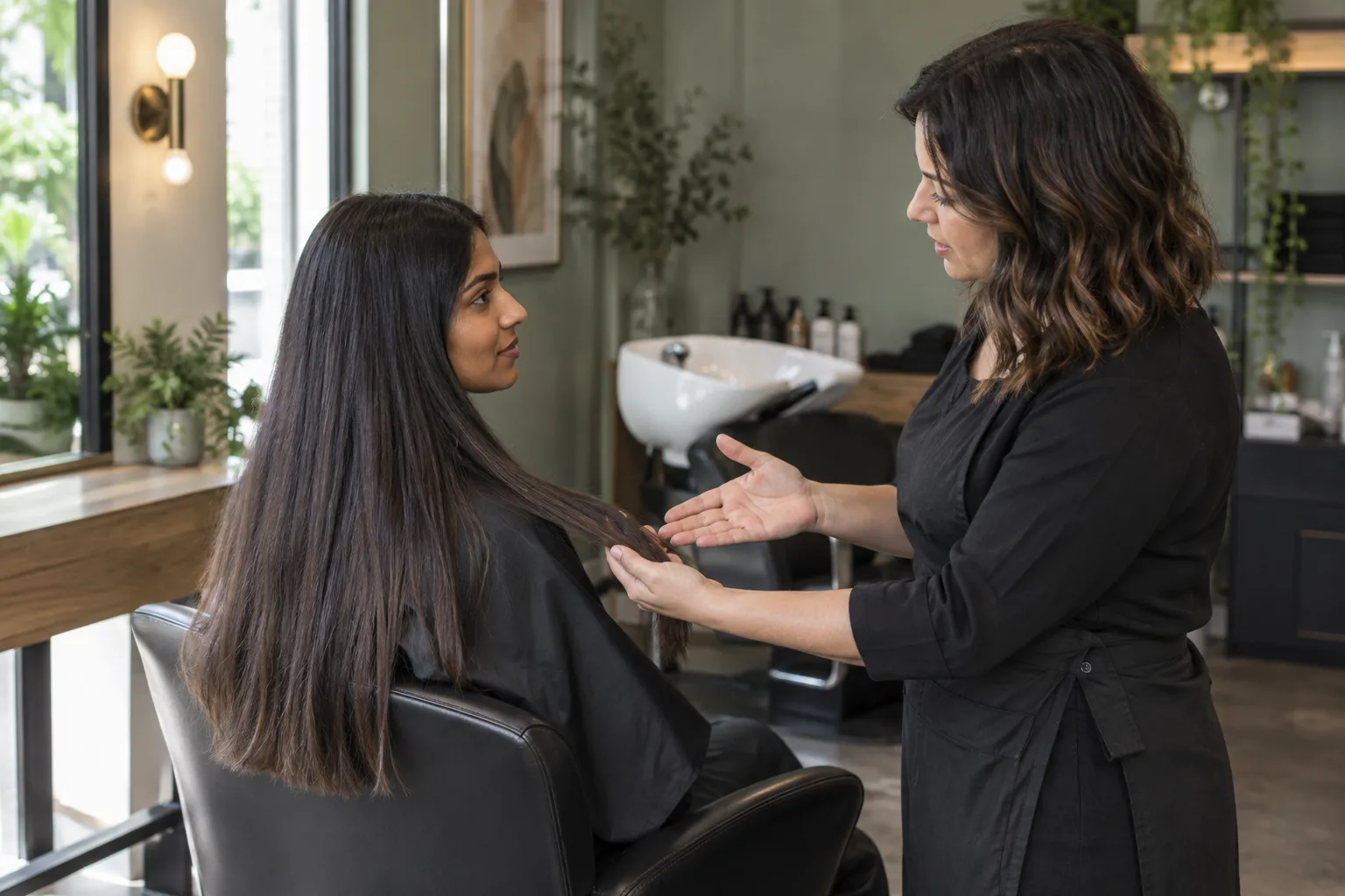 Client and stylist discuss long dry hair beside a salon shampoo basin before the haircut begins