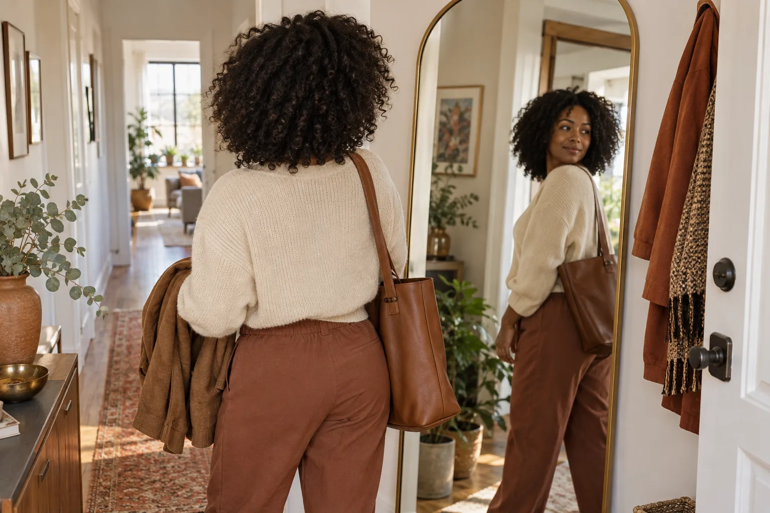 Young woman checks her fully dry natural curls in a hallway mirror before leaving for a haircut