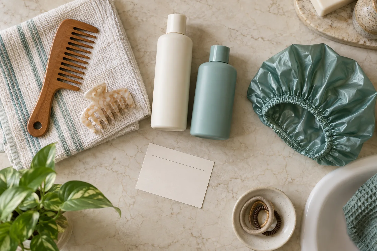 Unbranded shampoo bottles, towel, comb, clip and shower cap arranged on a bathroom counter before a salon visit