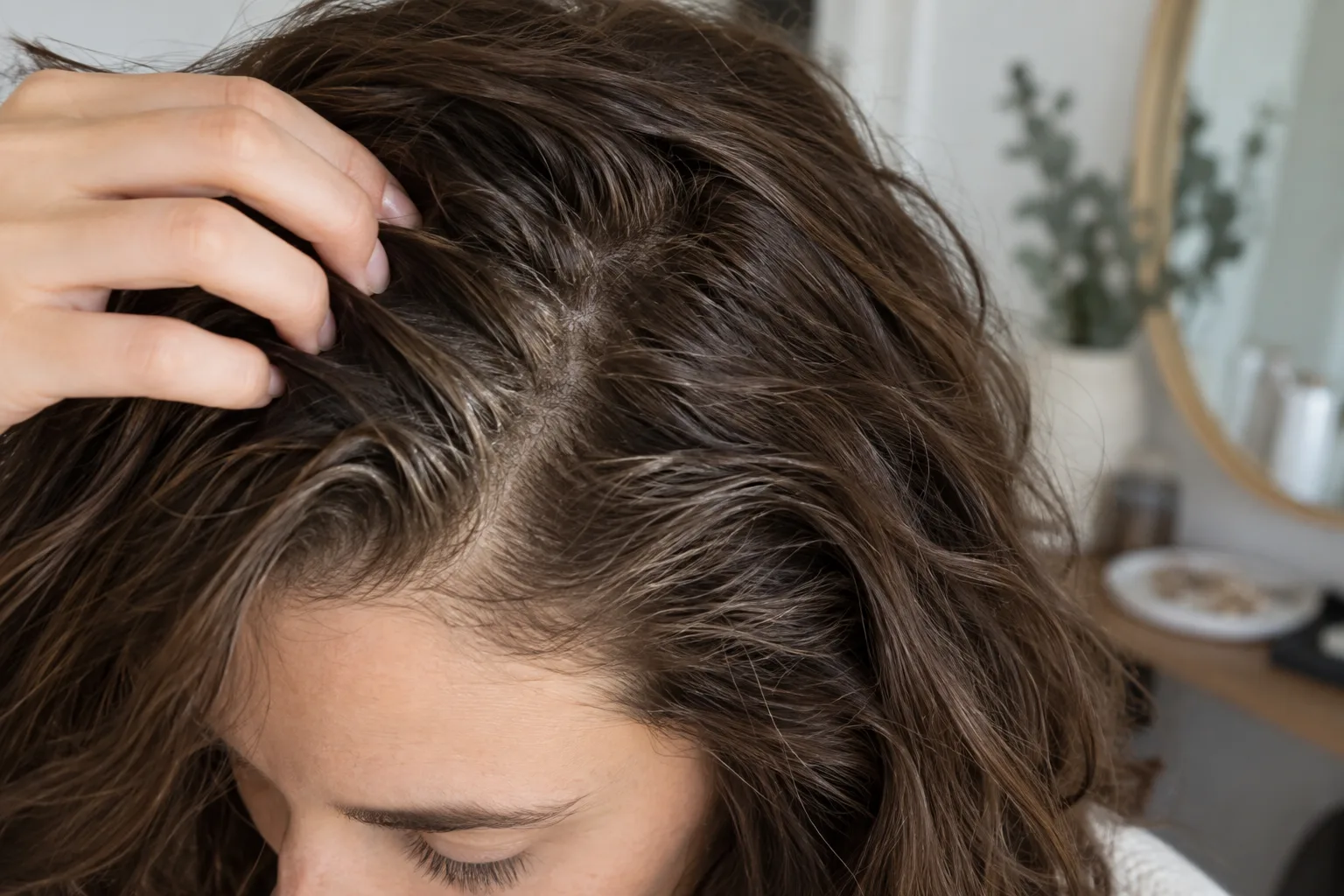 Close view of fingers separating wavy brown hair at the roots to check light styling buildup