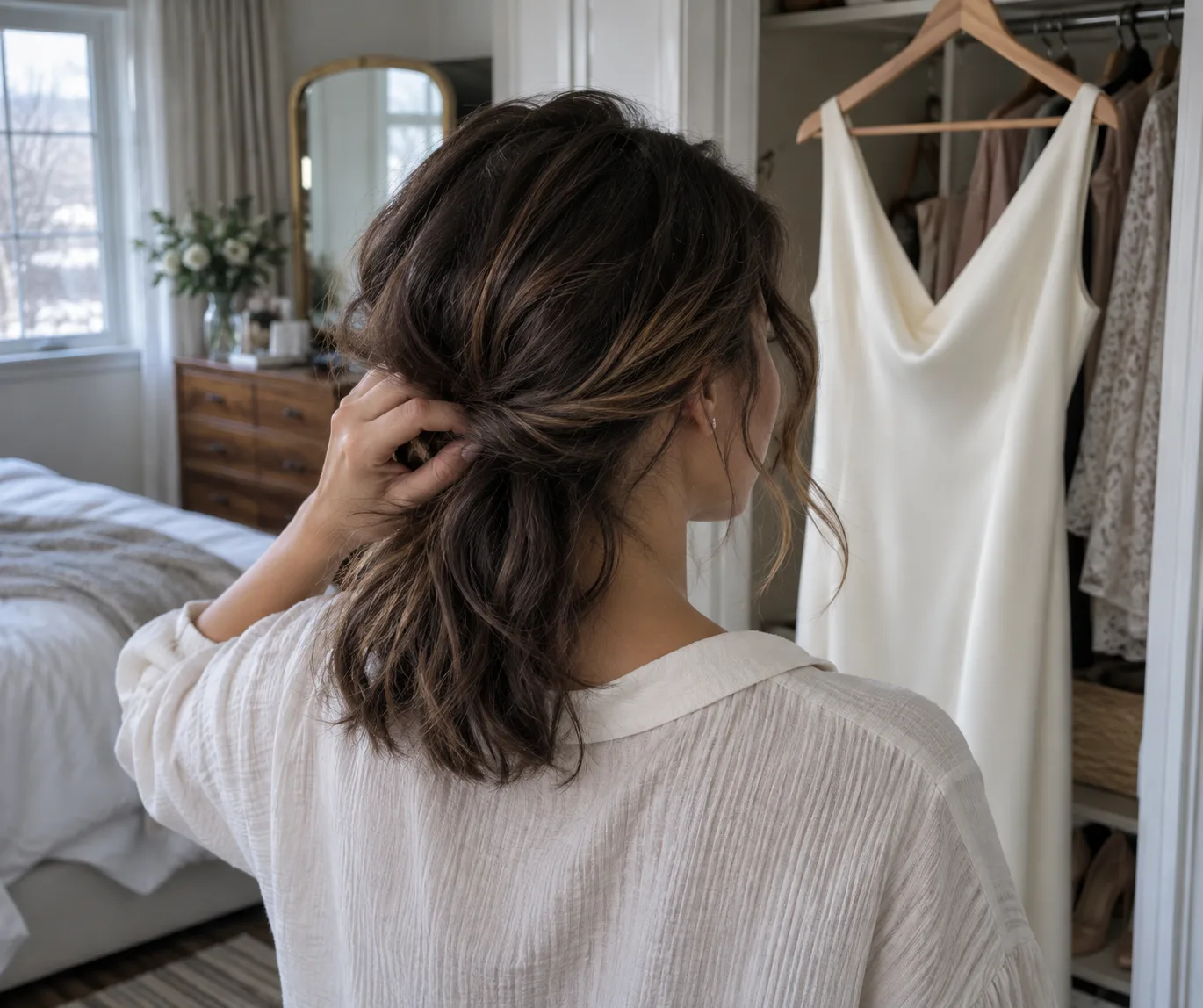 Donna solleva i capelli dalla nuca osservando la scollatura di un semplice abito color avorio
