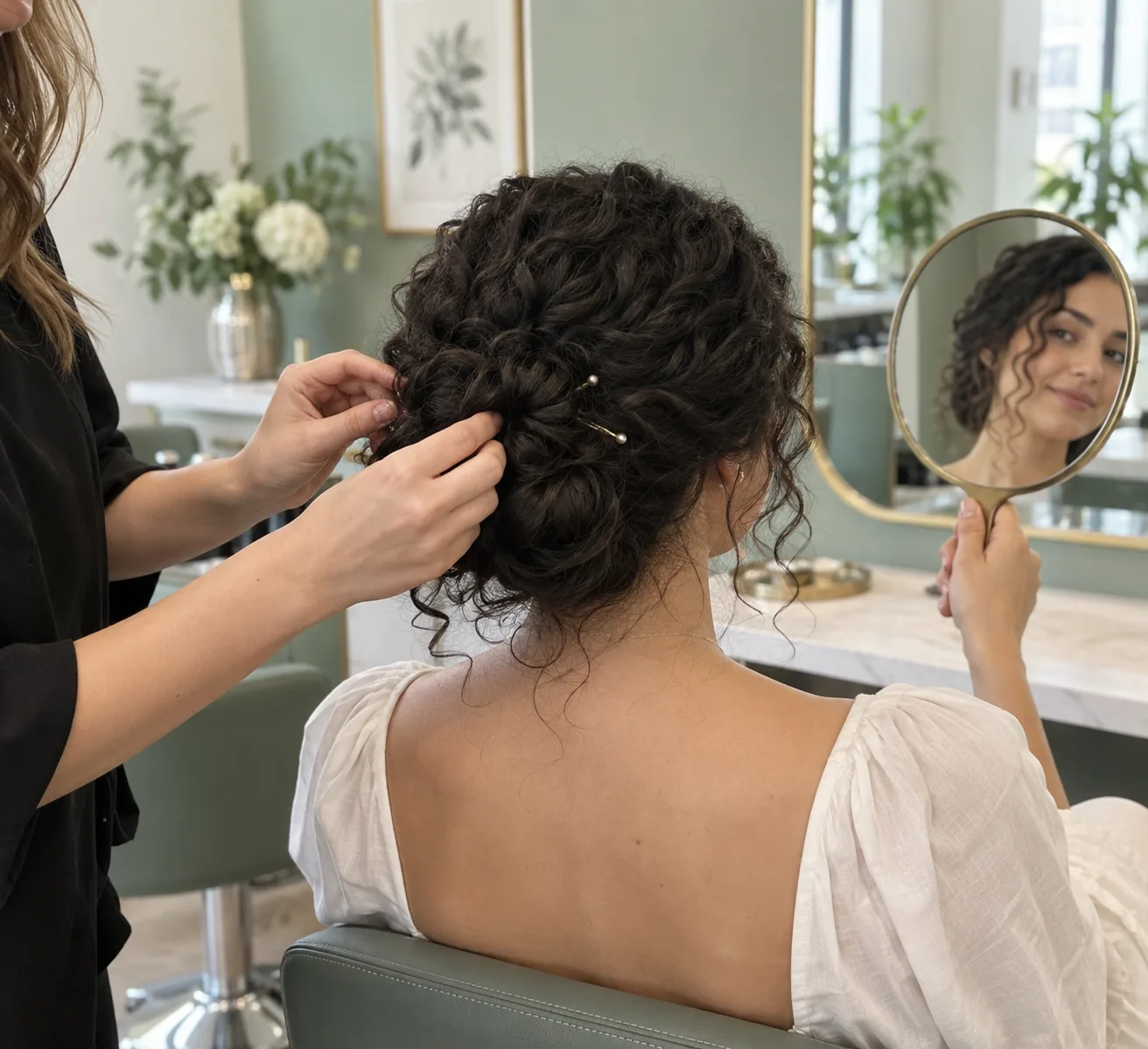 Parrucchiera sistema uno chignon basso riccio mentre la cliente lo osserva in uno specchio a mano