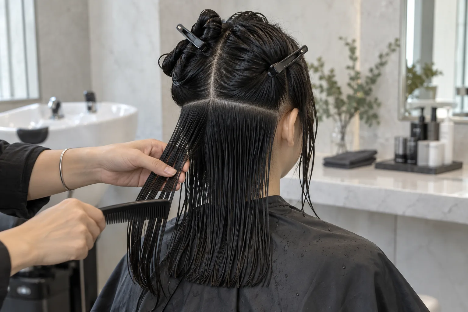 Le mani di una parrucchiera dividono in sezioni ordinate i capelli lisci, scuri e uniformemente umidi di una giovane adulta