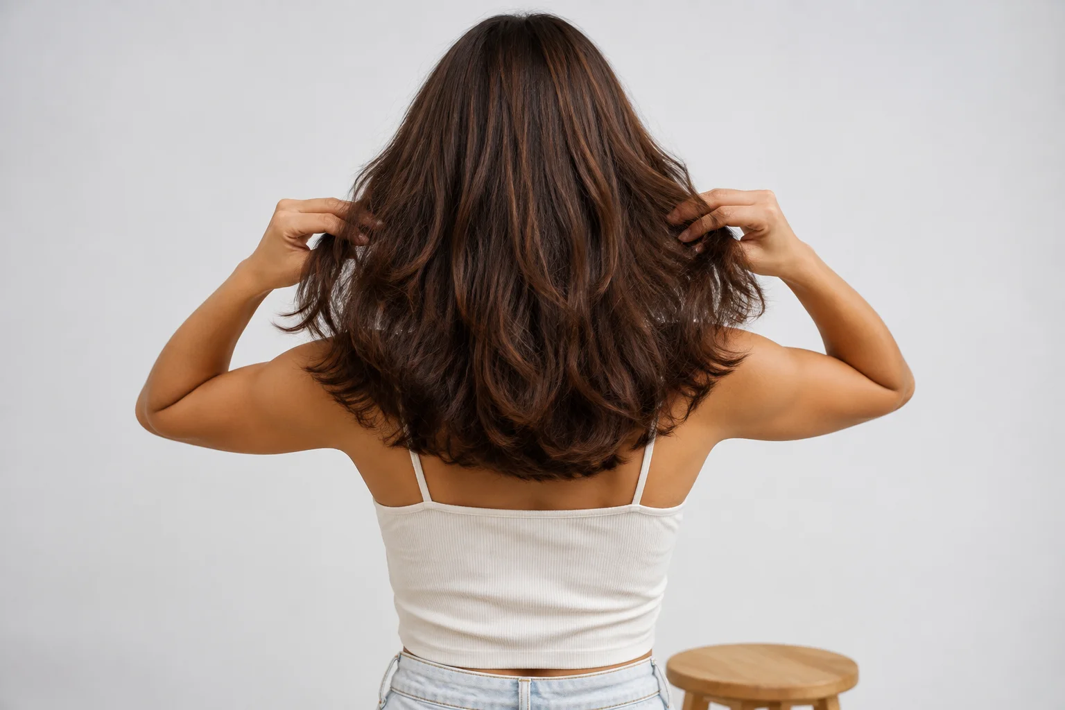 Back view of a young woman separating the ends of a softly layered chestnut shag to show its full perimeter