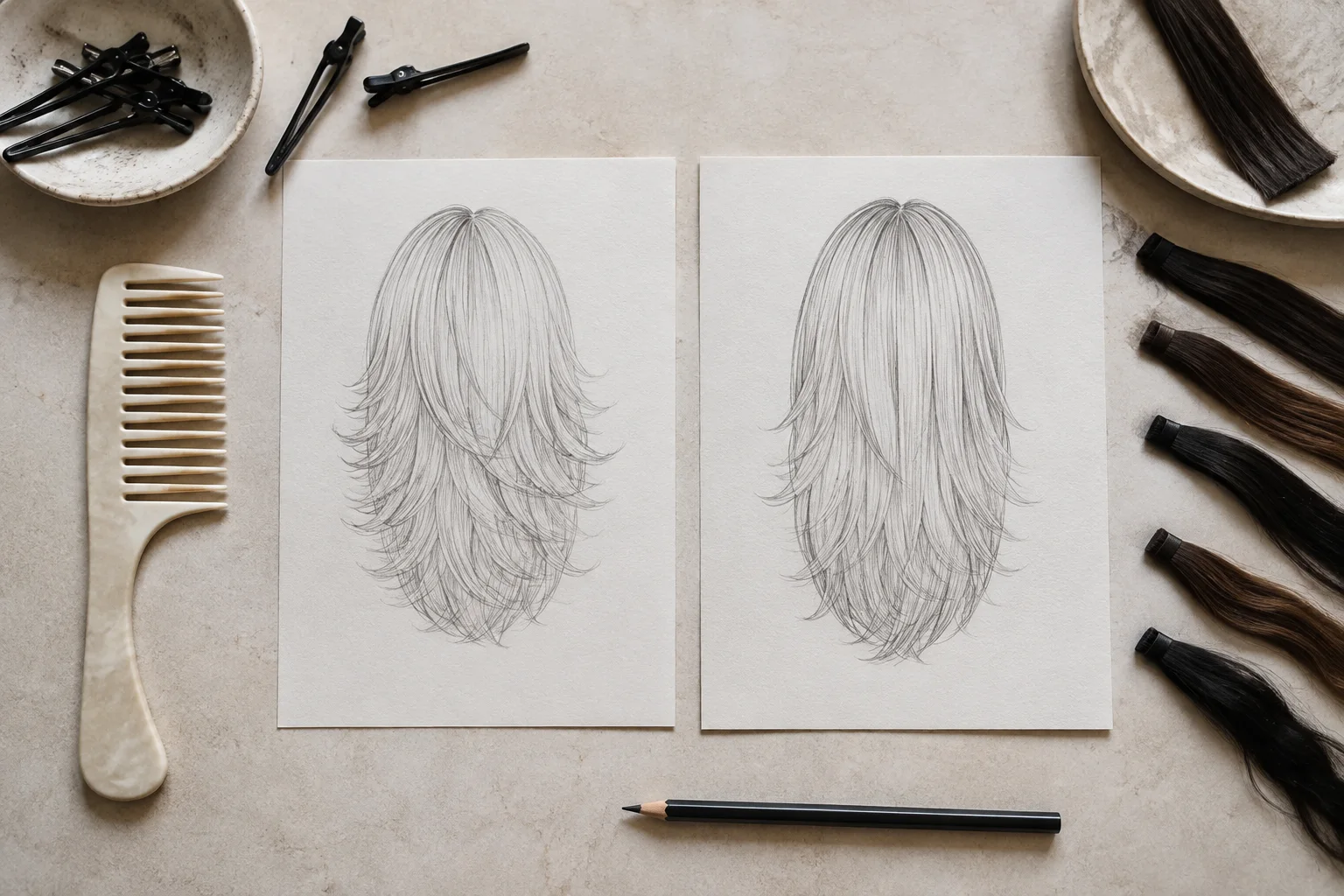 Overhead planning table with two wordless layered-hair sketches, comb, clips, pencil, and dark hair swatches