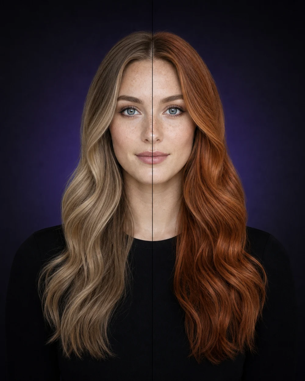 Split portrait of a woman comparing brunette and copper hair color directions